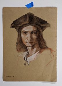 Retrato de mujer con sombrero, dibujo artístico en tonos naturales, estilo realista, realizado en El Visor escuela de arte en Barcelona, técnica de pintura y dibujo.