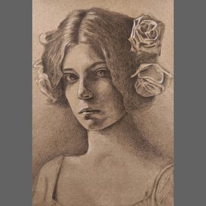 Retrato realista de una mujer con cabello rizado y flores, en estilo dibujo artístico, en tonos marrón y beige, realizado en la escuela de arte El Visor en Barcelona.