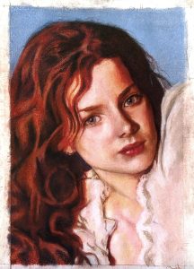Retrato de mujer con cabello rizado y ojos claros, en estilo de dibujo y pintura artística, en colores cálidos y tonos suaves.
