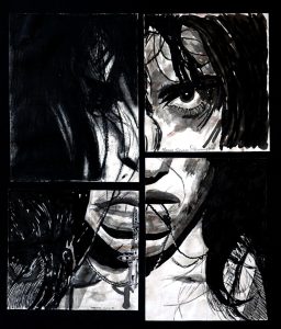 Retrato artístico en tinta y acuarela de una mujer, dividido en varias secciones que resaltan detalles del rostro y el cabello, con estilo expresionista y a mano alzada.