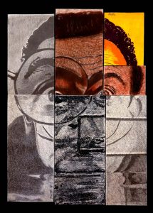 Diversas obras de arte creadas en la escuela de arte Elvisort en Barcelona, incluyendo dibujo, pintura y técnicas de arte contemporáneo.