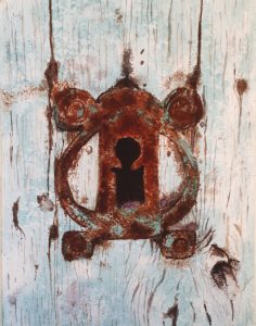 Barra de puerta oxidada en estilo artístico con efecto de pintura abstracta y textura envejecida.