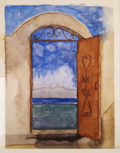 Ventana con vista al mar y cielo azul, pintada en estilo acuarela, en un entorno artístico y creativo de la escuela de arte El Visor, en Barcelona.