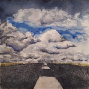 Archivo con pintura de nubes y cielo azul en estilo acuarela, mostrando un camino en primer plano, en la escuela de arte El Visor en Barcelona.