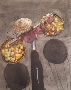 Colorido dibujo de una persona cargando cestas de frutas en Barcelona, estilo artístico y pintura vibrante.