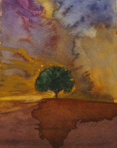 Colina flotante con árbol y cielo colorido en acuarela, paisaje artístico de escuela de arte en Barcelona.