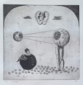 Una ilustración surrealista con elementos como ojos, oídos y una figura humana con cabeza de ojo, en un estilo artístico que invita a la reflexión y la creatividad.