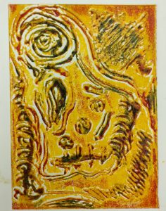 Lámina artística con dibujo y pintura en tonos amarillos, negros y rojos, estilo abstracto con formas orgánicas y líneas dinámicas.