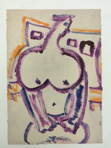 Lámina con pintura de estilo abstracto que representa una figura humana, con líneas y formas en tonos morados, naranjas y oscuros sobre fondo gris claro.