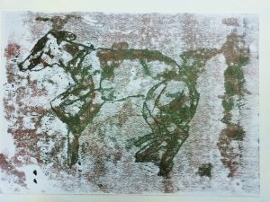 Caballo en dibujo artístico al carbón o tinta en papel texturizado, estilo de arte contemporáneo, Escuela de Arte en Barcelona.