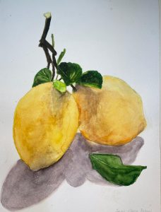 Jarrón de limones pintado a acuarela con hojas verdes y sombra realista.