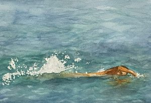 Nadador en la piscina, dibujo en acuarela de estilo artístico, arte en Barcelona, escuela de arte, clases de pintura y dibujo.
