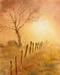 Alta calidad de dibujo a lápiz de un árbol sin hojas en un campo con un estilo artístico en tonos cálidos y sepia.