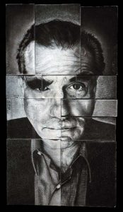 Retrato en lápiz de un hombre en varias piezas, mostrando detalles realistas y expresivos.