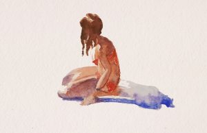 Una mujer en posición de yoga pintada en acuarela, en tonos cálidos y suaves.