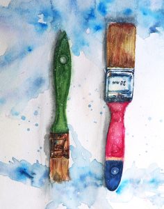 Brocha y espátula de pintura en acuarela, herramientas de arte para dibujo y pintura en la escuela de arte en Barcelona. Arte y creatividad en cada trazo.