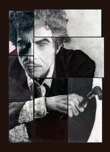 Retrato en collage de un hombre con barba y cabello rizado, con detalles en lapiz y carboncillo, estilo artístico realista.