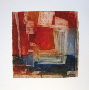 Ajuste de pintura abstracta en tonos rojos, azules y beige, muestra formas geométricas y texturas variadas en un estilo modernista para clases de arte en Barcelona.