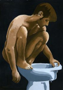 Niño sentado en cuclillas sobre un inodoro, pintado en estilo realista con tonos cálidos y oscuros en un fondo negro, transmitiendo introspección y reflexión en la obra de arte.