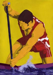 Hombre pintado en estilo pop art, agachado con un remo en mano en un fondo amarillo brillante.