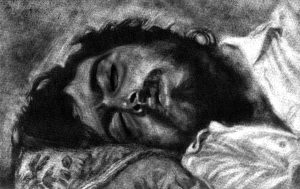 Visor de arte en Barcelona, dibujo y pintura de retrato en estilo realista de una persona durmiendo, en tonos en blanco y negro, muestra la técnica de luz y sombra para captar la expresión facial.