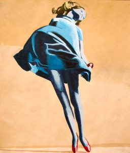 Figura de mujer con abrigo azul y tacones rojos, vista desde atrás, en estilo de pintura moderna.