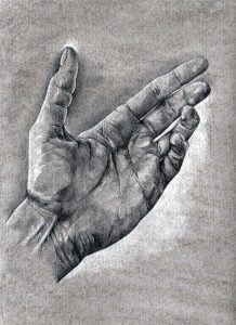 Mano dibujada en grafito con detalles realistas y sombreado, mostrando técnica de dibujo artística en la escuela de arte El Visor en Barcelona.