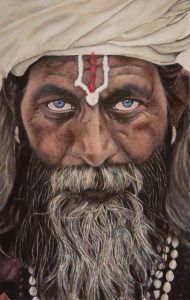 Pintura de un sadhu hindú con turbante, barba y marcas faciales, explorando la profundidad del color de la piel en un retrato artístico